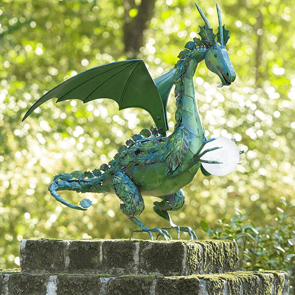 Green Dragon Statue With Solar Pearl - Dragon Garden Statues - Dragon Figurines